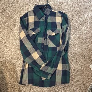 Green, Navy and Cream Plaid Button-Down Flannel Shirt